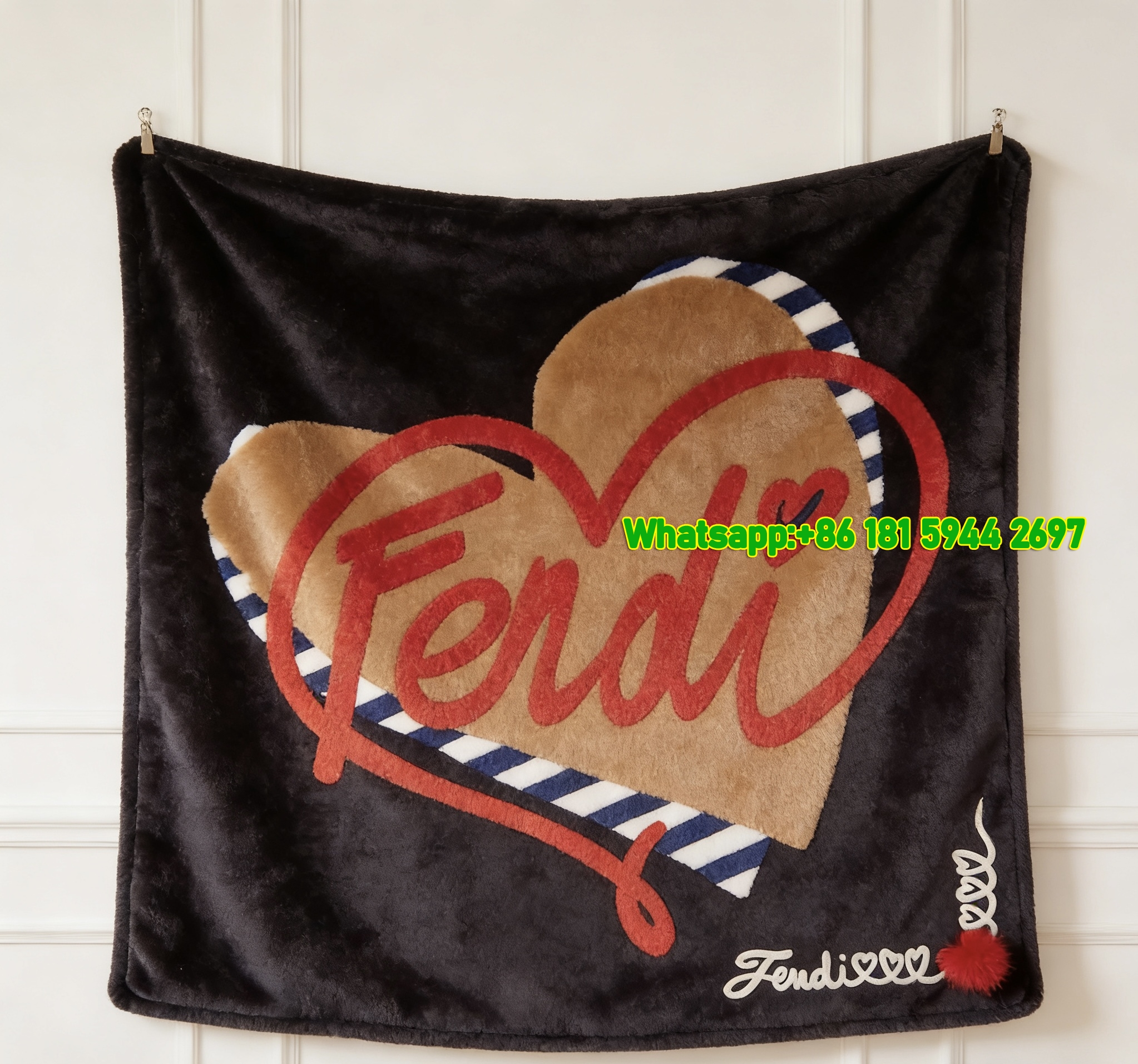 Fendi Red Heart Script Logo Flannel Sofa Throw Blanket with Striped Accents IMG_9428